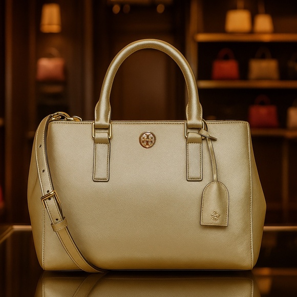 NEW Tory Burch Robinson Gold Saffiano Leather Mini Double-Zip Tote/Shoulder Bag - Picture 1 of 14